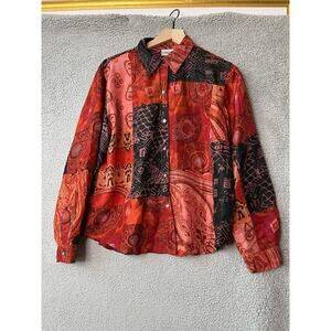 Chicos Button Top Large 2 Silk Patchwork Abstract Art Long Sleeve Red Black